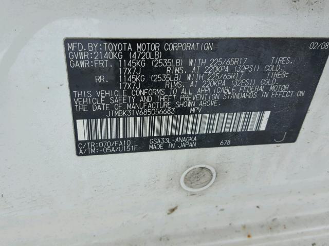 JTMBK31V685056683 - 2008 TOYOTA RAV4 LIMIT WHITE photo 10