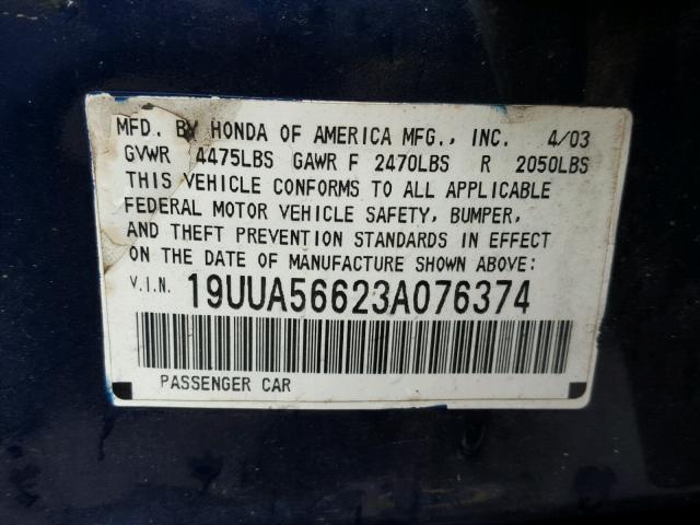 19UUA56623A076374 - 2003 ACURA 3.2TL BLUE photo 10