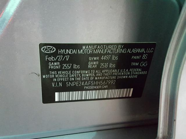 5NPE24AF5HH567992 - 2017 HYUNDAI SONATA SE GRAY photo 10