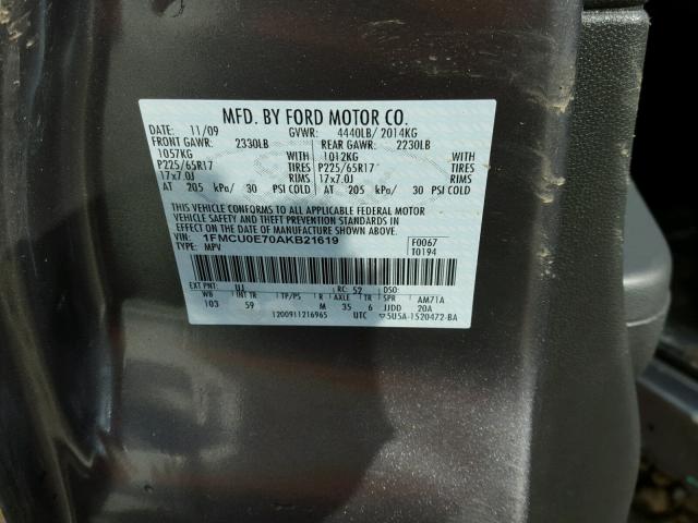 1FMCU0E70AKB21619 - 2010 FORD ESCAPE LIM GRAY photo 10