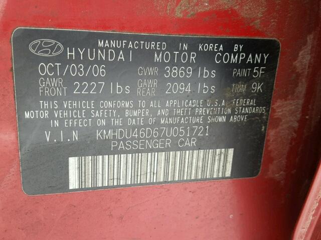 KMHDU46D67U051721 - 2007 HYUNDAI ELANTRA GL RED photo 10