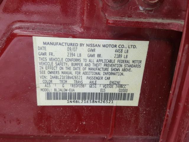 1N4BL21E58N426521 - 2008 NISSAN ALTIMA 3.5 MAROON photo 10