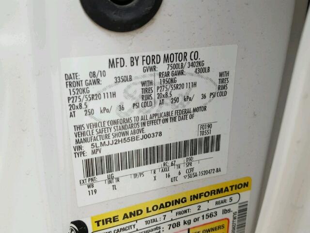 5LMJJ2H55BEJ00378 - 2011 LINCOLN NAVIGATOR 白色 照片 10