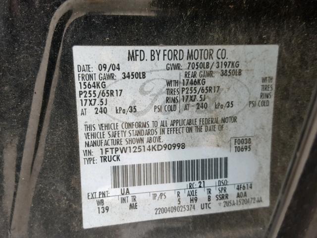 1FTPW12514KD90998 - 2004 FORD F150 SUPER BLACK photo 10