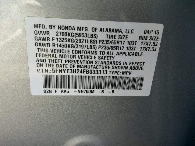 5FNYF3H24FB033313 - 2015 HONDA PILOT LX SILVER photo 10