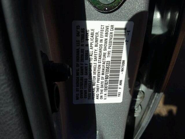 19XFB2F80FE058333 - 2015 HONDA CIVIC EX ვერცხლისფერი ფოტო 10