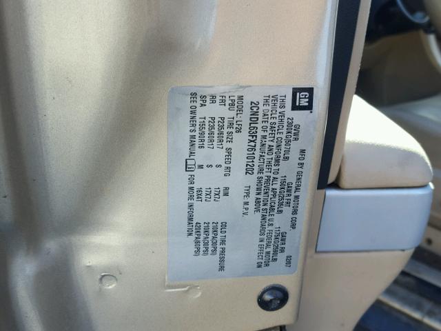 2CNDL63FX76101202 - 2007 CHEVROLET EQUINOX LT GOLD photo 10