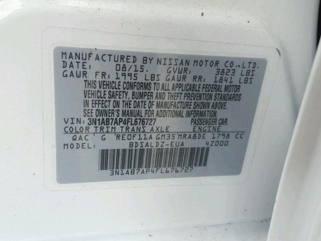 3N1AB7AP4FL676727 - 2015 NISSAN SENTRA S WHITE photo 10