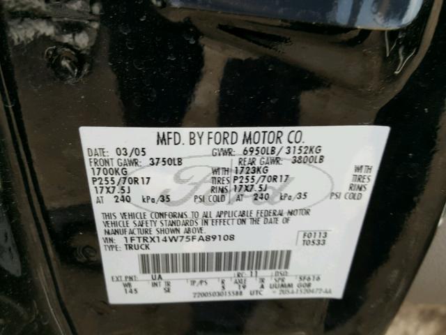 1FTRX14W75FA89108 - 2005 FORD F150 BLACK photo 10