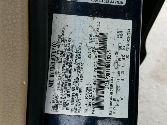 3FAHP08118R118295 - 2008 FORD FUSION SEL BLUE photo 10