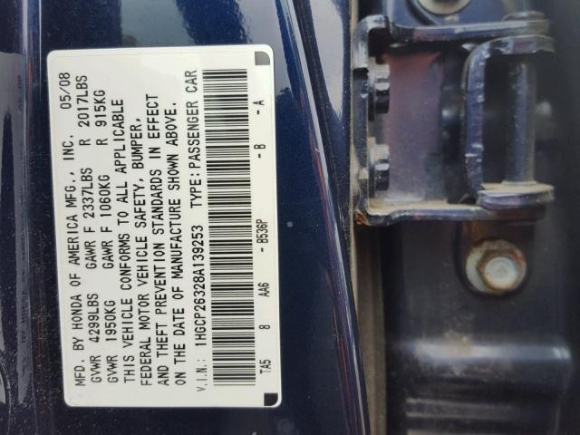 1HGCP26328A139253 - 2008 HONDA ACCORD LX BLUE photo 10