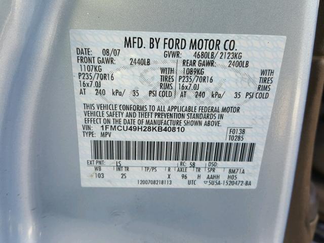 1FMCU49H28KB40810 - 2008 FORD ESCAPE HEV BLUE photo 10