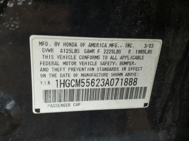 1HGCM55623A071888 - 2003 HONDA ACCORD EX BLACK photo 10