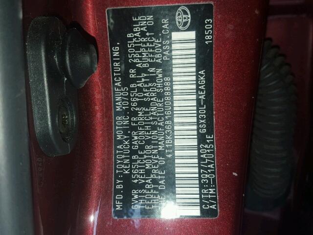 4T1BK36B16U088888 - 2006 TOYOTA AVALON XL RED photo 10