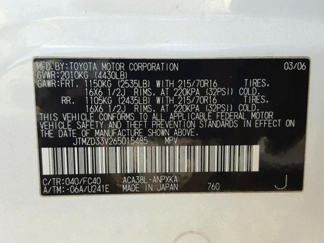 JTMZD33V265015485 - 2006 TOYOTA RAV4 WHITE photo 10