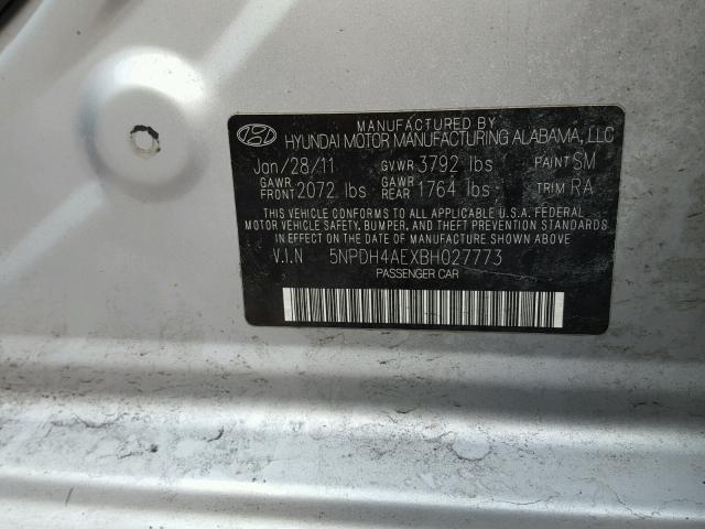 5NPDH4AEXBH027773 - 2011 HYUNDAI ELANTRA GL SILVER photo 10