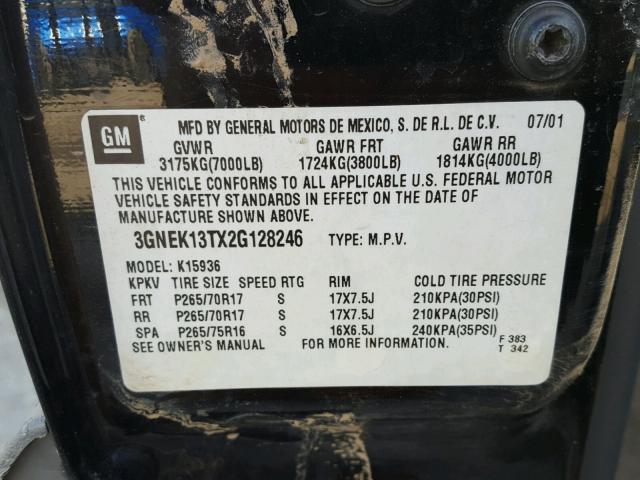 3GNEK13TX2G128246 - 2002 CHEVROLET AVALANCHE BLACK photo 10