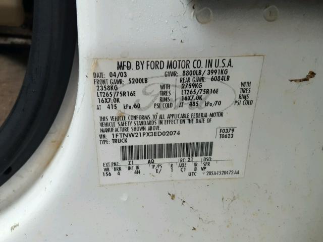 1FTNW21PX3ED02074 - 2003 FORD F250 SUPER WHITE photo 10