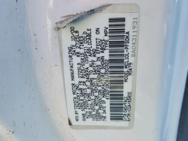 4T3ZF19C81U350322 - 2001 TOYOTA SIENNA CE WHITE photo 10