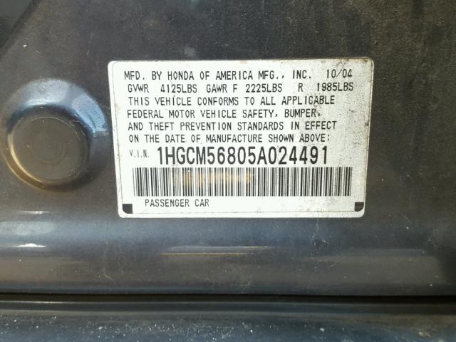 1HGCM56805A024491 - 2005 HONDA ACCORD EX GRAY photo 10