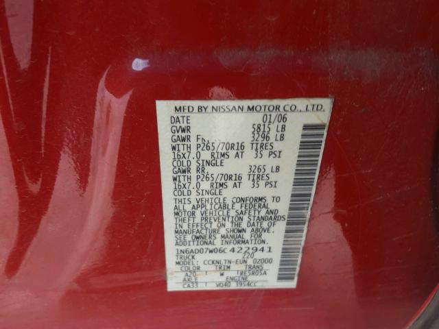 1N6AD07W06C422941 - 2006 NISSAN FRONTIER C RED photo 10