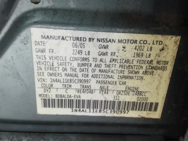 1N4AL11E85C390997 - 2005 NISSAN ALTIMA S GREEN photo 10