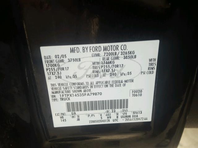 1FTPX14535FA79870 - 2005 FORD F150 BLACK photo 10