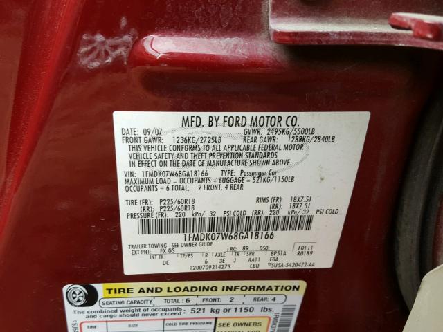 1FMDK07W68GA18166 - 2008 FORD TAURUS X E RED photo 10