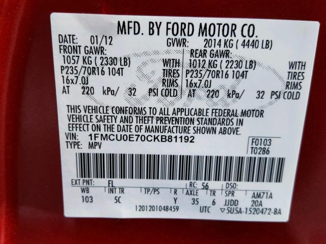 1FMCU0E70CKB81192 - 2012 FORD ESCAPE LIM RED photo 10