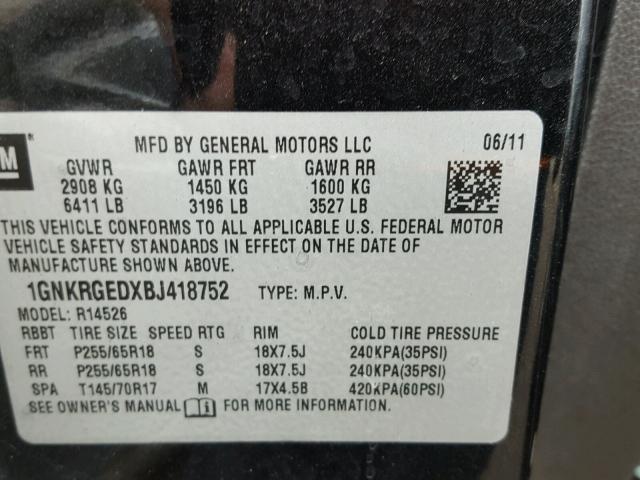 1GNKRGEDXBJ418752 - 2011 CHEVROLET TRAVERSE L CHARCOAL photo 10