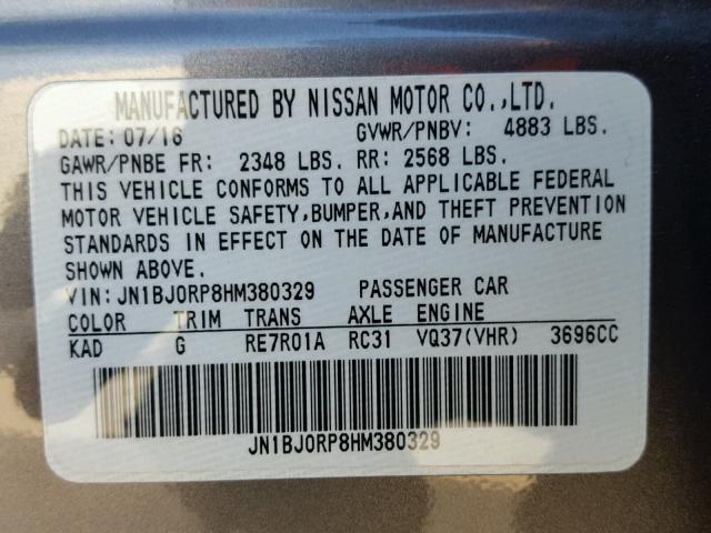 JN1BJ0RP8HM380329 - 2017 INFINITI QX50 GRAY photo 10