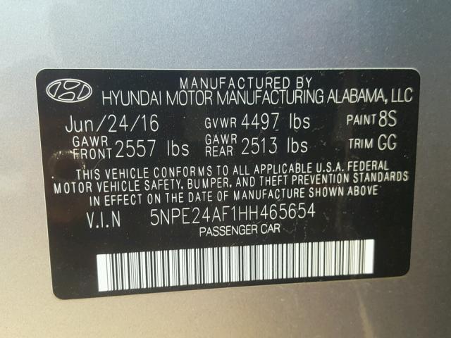 5NPE24AF1HH465654 - 2017 HYUNDAI SONATA SE SILVER photo 10