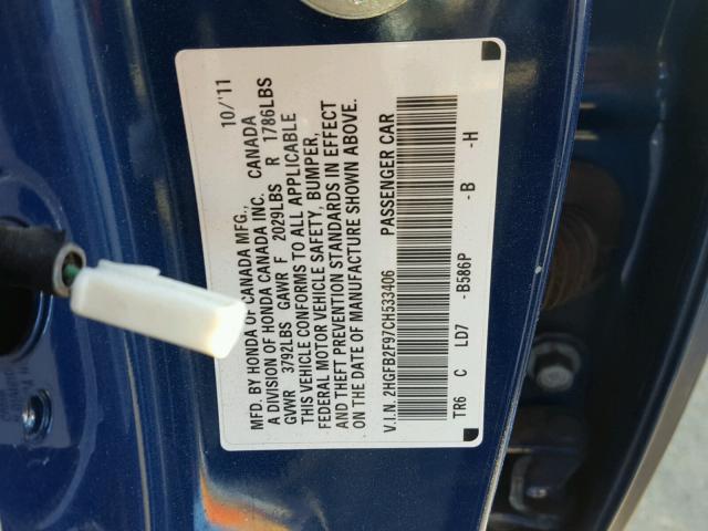 2HGFB2F97CH533406 - 2012 HONDA CIVIC EXL BLUE photo 10