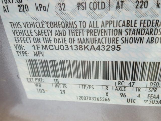 1FMCU03138KA43295 - 2008 FORD ESCAPE XLT GRAY photo 10