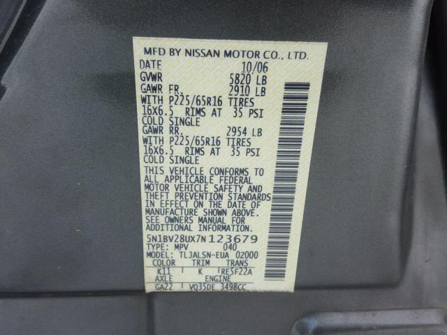 5N1BV28UX7N123679 - 2007 NISSAN QUEST S GRAY photo 10