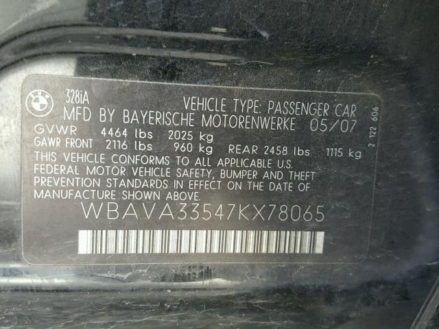 WBAVA33547KX78065 - 2007 BMW 328 I BLACK photo 10