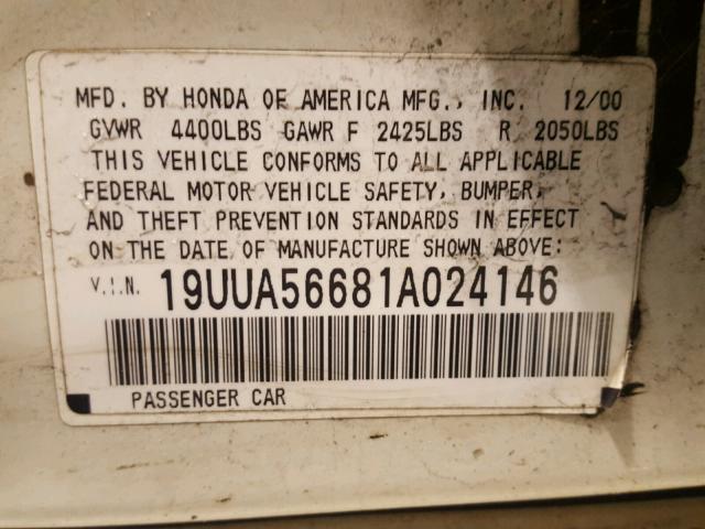 19UUA56681A024146 - 2001 ACURA 3.2TL WHITE photo 10