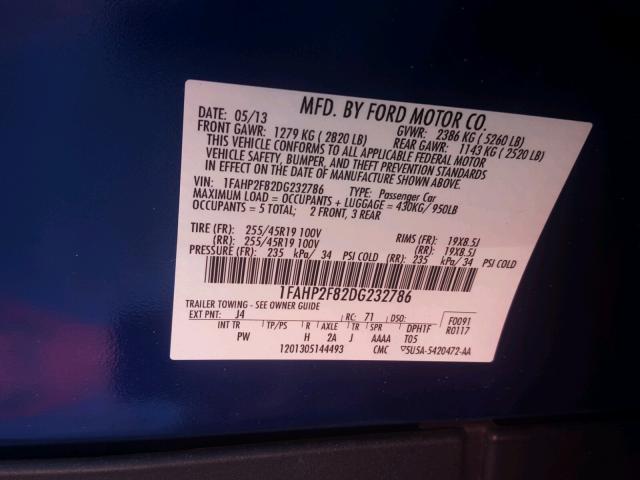 1FAHP2F82DG232786 - 2013 FORD TAURUS LIM BLUE photo 10