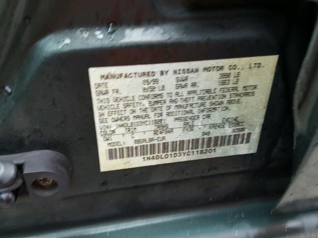 1N4DL01D3YC118201 - 2000 NISSAN ALTIMA XE GREEN photo 10