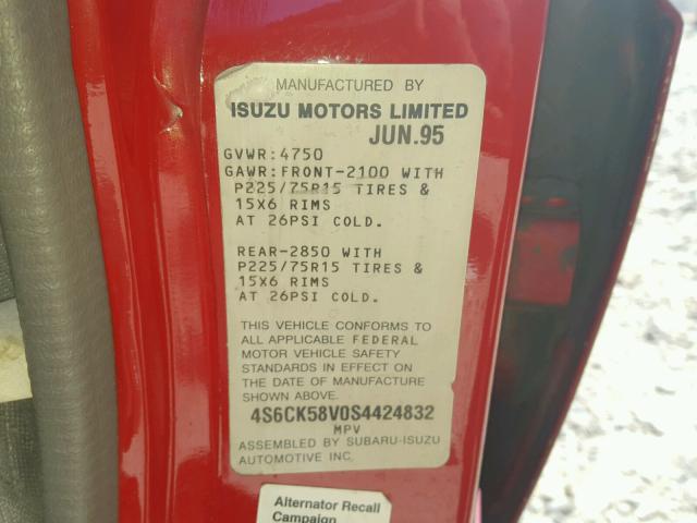 4S6CK58V0S4424832 - 1995 HONDA PASSPORT E RED photo 10