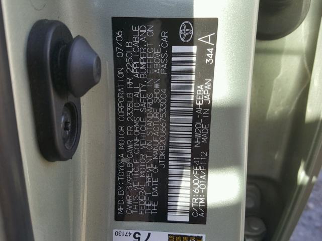 JTDKB20U667533004 - 2006 TOYOTA PRIUS GREEN photo 10