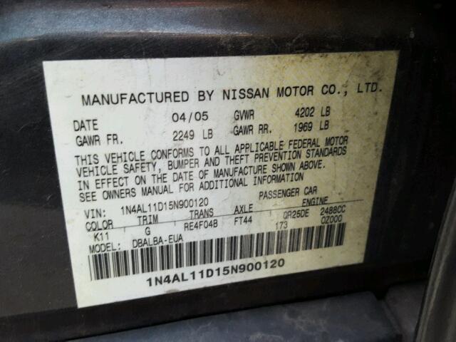 1N4AL11D15N900120 - 2005 NISSAN ALTIMA S CHARCOAL photo 10