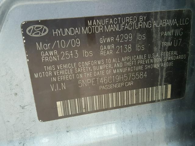 5NPET46C19H575584 - 2009 HYUNDAI SONATA GLS BLUE photo 10