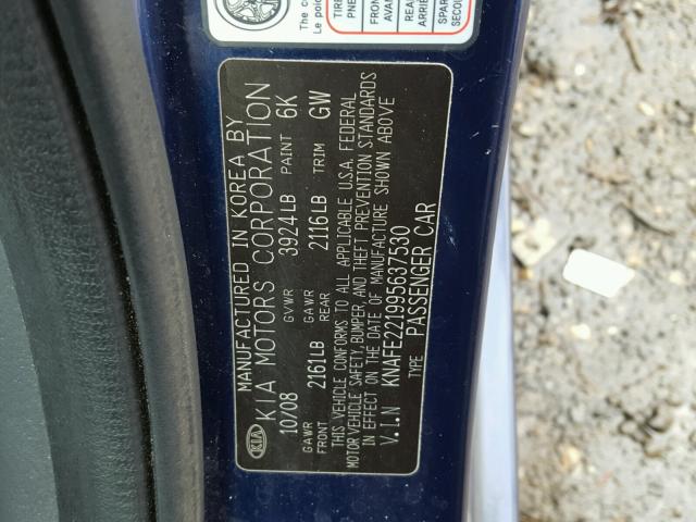 KNAFE221995637530 - 2009 KIA SPECTRA EX BLUE photo 10