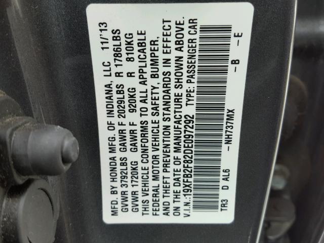 19XFB2F82DE097292 - 2013 HONDA CIVIC EX GRAY photo 10
