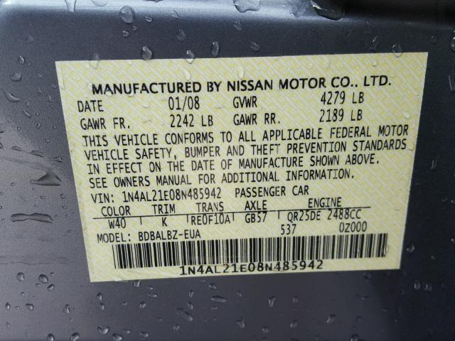 1N4AL21E08N485942 - 2008 NISSAN ALTIMA 2.5 BLUE photo 10