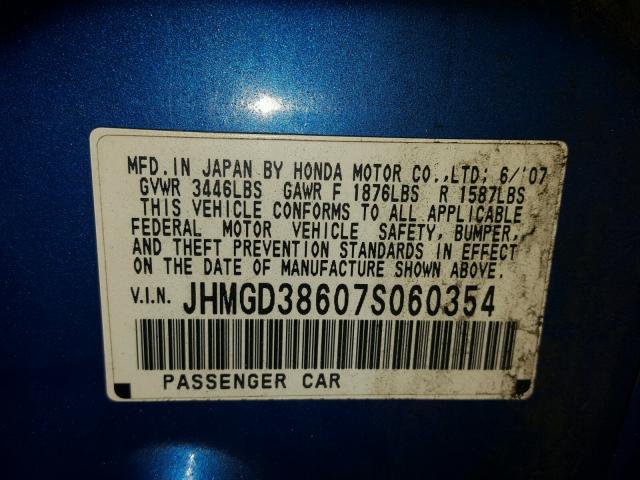 JHMGD38607S060354 - 2007 HONDA FIT S BLUE photo 10