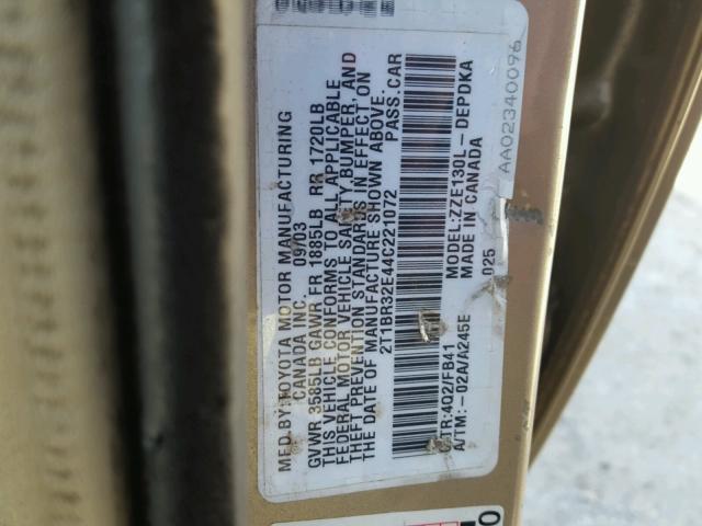 2T1BR32E44C221072 - 2004 TOYOTA COROLLA CE TAN photo 10