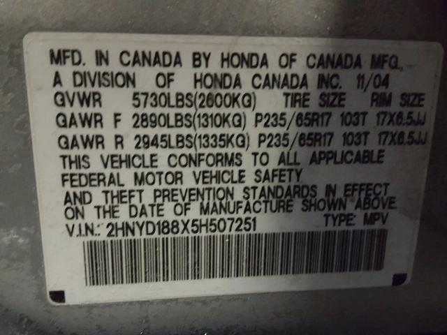 2HNYD188X5H507251 - 2005 ACURA MDX TOURIN GRAY photo 10