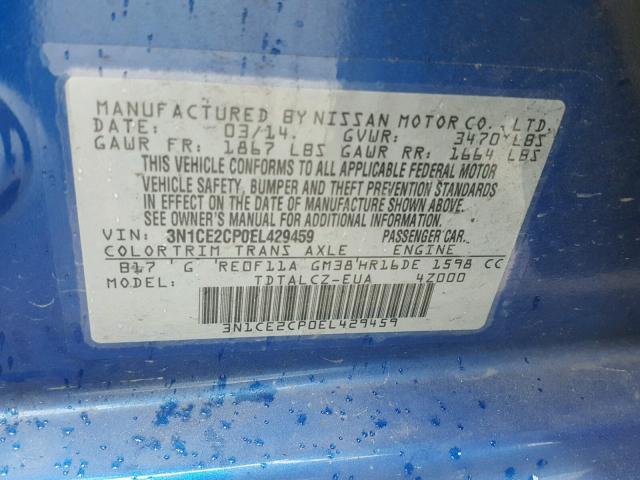 3N1CE2CP0EL429459 - 2014 NISSAN VERSA NOTE BLUE photo 10